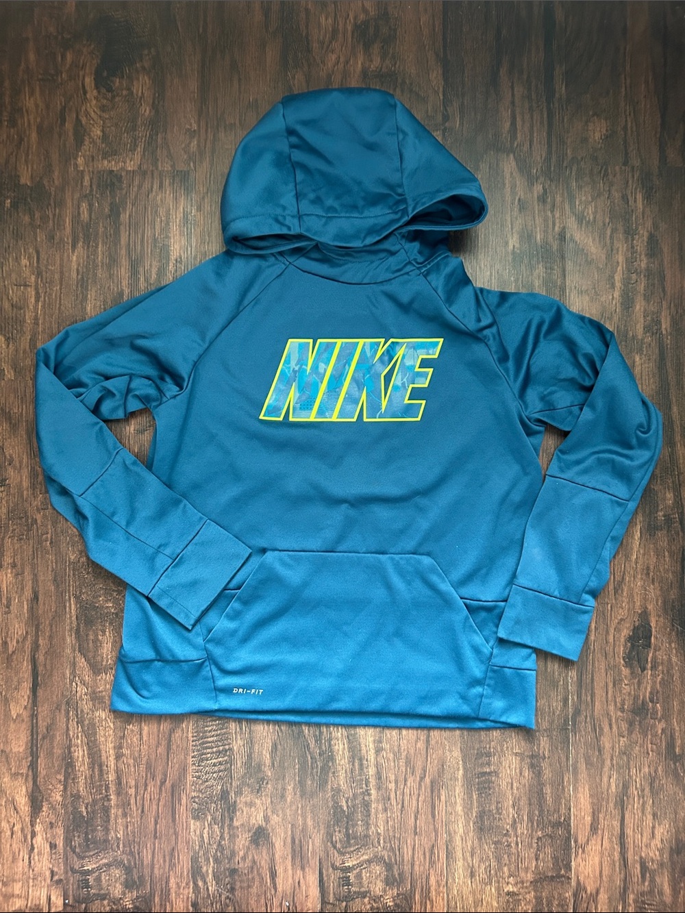 Nike Dark Teal Blue Hooded Dri-FIT Pullover with Neon Logo